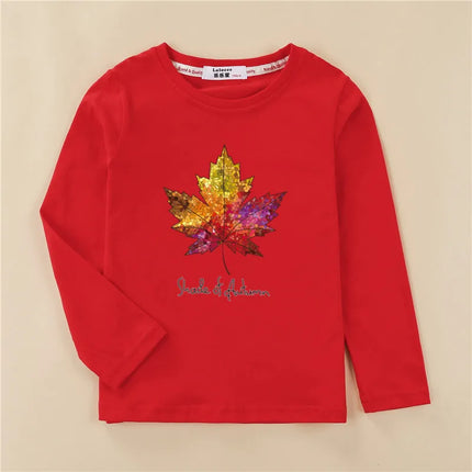 Autumn Maple Leaf T-Shirts Kids Long Sleeve Shirts Boys Fashion Print Tops Girls Spring Cotton Clothing 3-14T