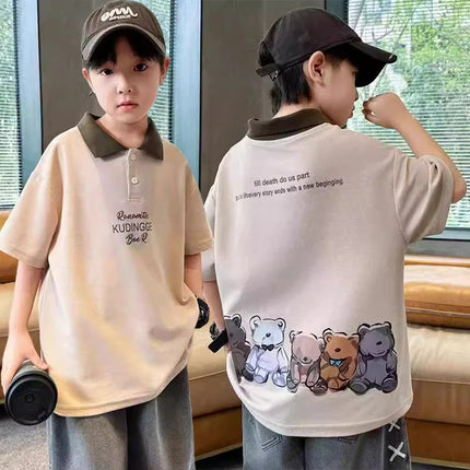 Boys Summer Cartoon Print Polo Shirt 5-14 Years Fashion Short Sleeve Cotton Sport T-shirt Casual Letter Top for Kids