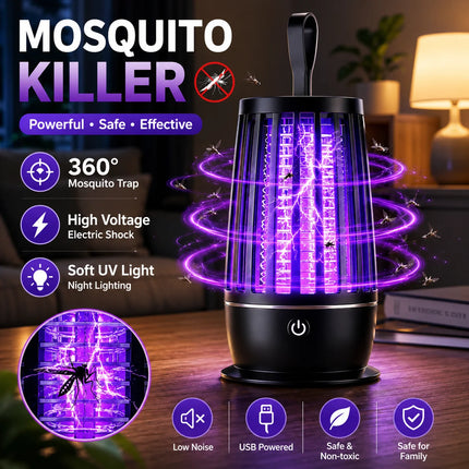 2 in 1 Mosquito Killer Lamp UV Light Insect Trap USB Rechargeable Quiet Night Light Bug Zapper for Home Bedroom Camping Outdoor
