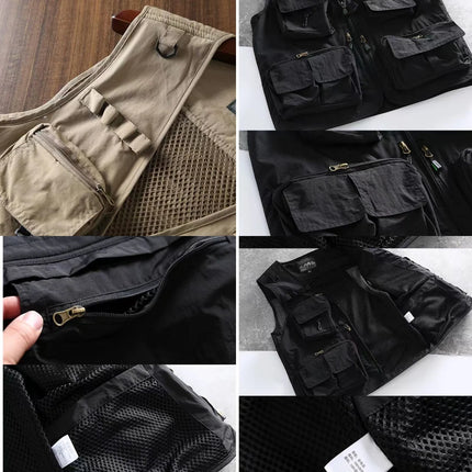 Summer Men's Casual Vest Solid Color Multi-pocket Mesh Patchwork Breathable Sleeveless Vest Camping Fishing Photography Vest Top