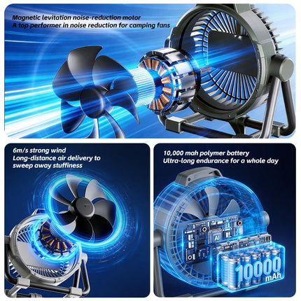 Portable 6 in 1 Outdoor Camping Fan 10000mAh Rechargeable Wireless Tent Ceiling Fan 5 Speed Adjustment Remote Control LED Light
