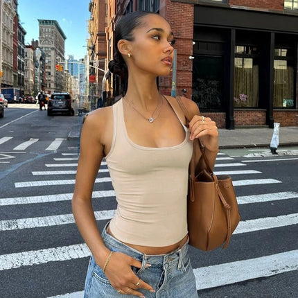 Hugcitar 2025 Summer Solid Straps Sexy Slim Crop Tank Top Women Casual Y2K Clothes Streetwear Party Sport Festival Wholesale