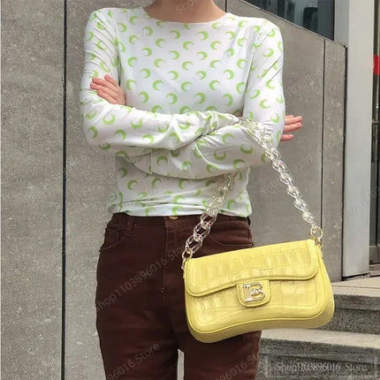 Moon Printed Tshirt Graphic Top for Women Stretchy Slim Korean Fall Spring Long Sleeve Tees Y2k Grunge T-Shirt 2000s Clothes