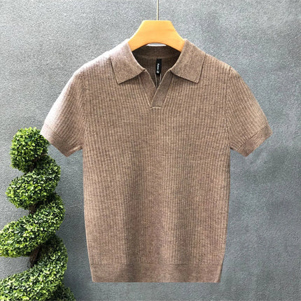 Men's Polo Neck Short Sleeve Knitted Sweater Slim Fit Summer Fashion Turn-down Collar Base Shirt Casual Style Pure Color
