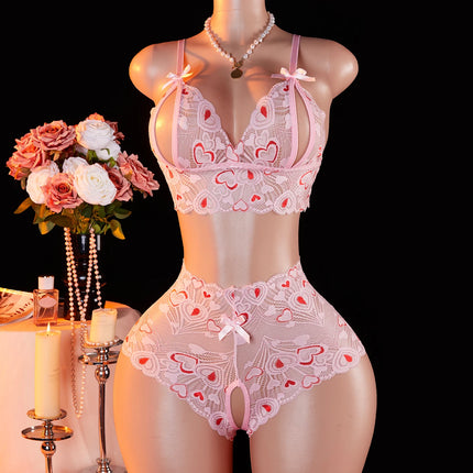 Pink Lace Open Brassiere Crotchless Panties Sexy Lingerie Female Sling Seductive Women's Fetish Transparent Underwear Sets