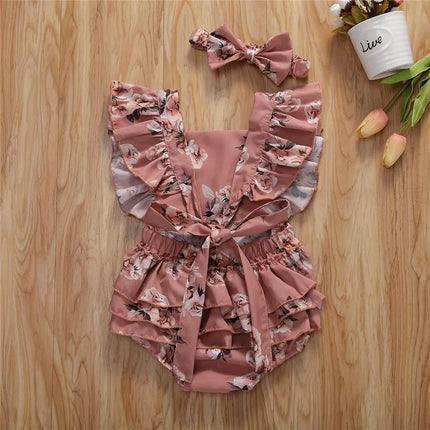 0-24months Baby Girls summer bodysuit Floral Printed Pattern Square Collar Sleeveless infant girls Romper Headdress set