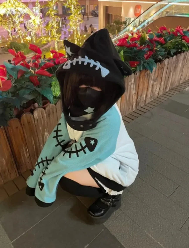 Japanese Kawaii Fish Bone Long Sleeve Detachable Hood Women Zipper Y2k Aesthetic Streetwear Hoodies Harajuku Zipper Sweatshirt