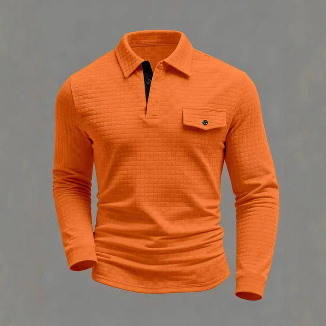 Spring Autumn Men's Classic Polo Shirt - Daily Casual Design with Chessboard Pattern Patch Pockets on the Collar and Long Sleeve