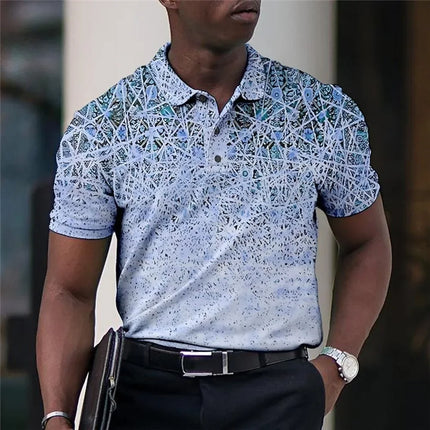 Summer Men's Polo Lapel Golf Shirt with Printed Geometric Pattern Fold