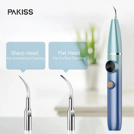 PAKISS Ultrasonic Tooth Cleaner Tartar Plaque Remover  with LED 3 Adjustable Modes 2 Replaceable Clean Heads Safe FY-B700