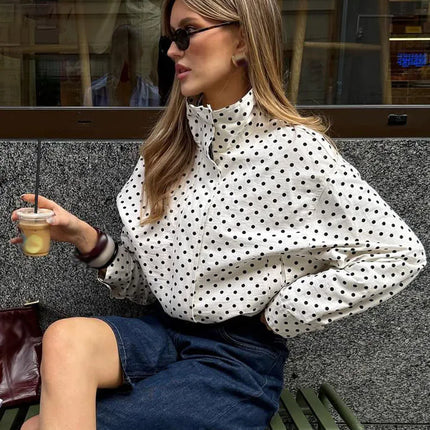 HH Woman Autumn Long Sleeves Turtleneck Zipper With Pockets Drawstring Casual Coats Women Fashion Polka Dot Printed Jacket