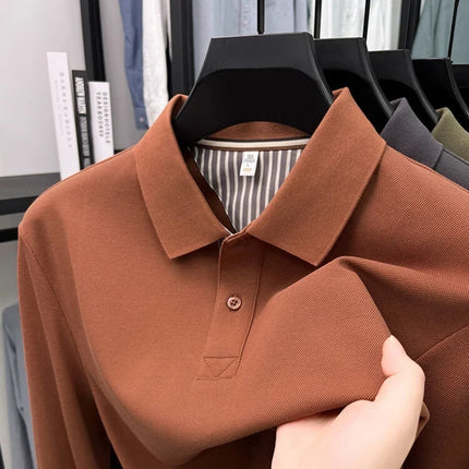 Men's casual long-sleeved pure cotton Polo shirt, new style for autumn, loose fit, pure color, classic, lapel Polo shirt