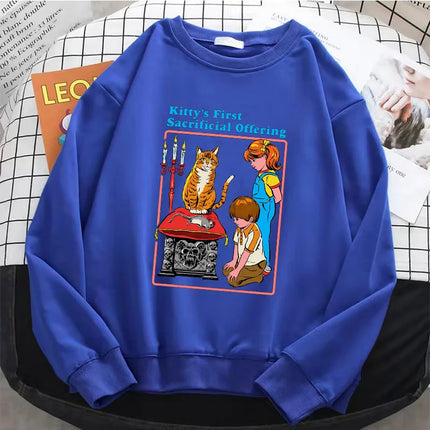 Y2K Funny Cat Pattern Comic Design Hoodies Warm Fleece Sweatshirt Soft O-Neck Pullover Casual Female Clothes