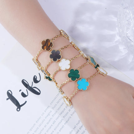 Hot Sale Premium 15mm Natural Stone White Shell Five Leaf Flower Bracelet Gold Silver Lucky bangle For Women Girls Party Daily