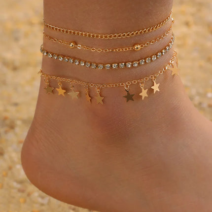 4pcs/set Seaside Star Anklet Set – A 4-Piece Alloy Foot Chain Collection for Sun-Kissed, Effortlessly Sexy Vibes.