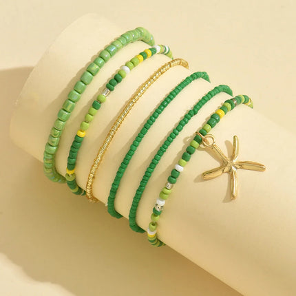Multilayer Bohemia Rice Bead Anklet Set for Women Fashion Starfish Pendant Anklets Summer Sandy Beach Ankle Chain on Leg Jewelry