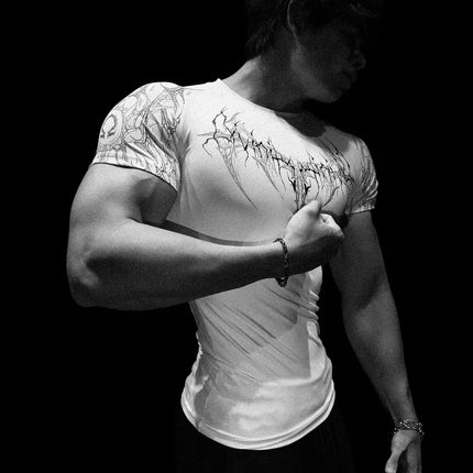 GYM T-shirt Men's Dark Gothic Print Muscle Tee  High Elasticity And Quick Drying Exercise For Bodybuilding Training 2025 Summer