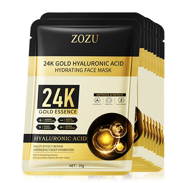 10pcs 24K Golden Hyaluronic Acid Face Mask Facial Skincare Firming Moisturizing Hydrating Facial Masks Skin Care Products