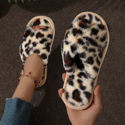 Fashion Women Fluffy Slippers Cross Band Soft Plush Cozy House Shoes Furry Open Toe Indoor Outdoor Slip Warm Anti Skid Sole