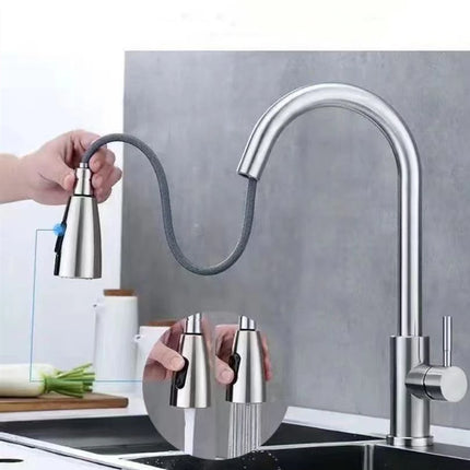 Stainless Steel Kitchen Faucet Single Hole Pull Out Spray 360° Swivel Sink Faucet High Arc Modern Design