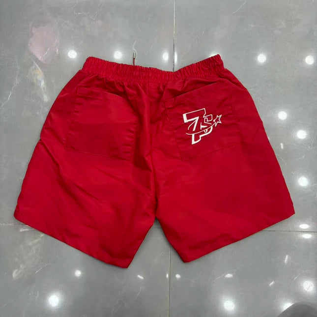 Red Triple Sevens Side Slit Button Placket Shorts Pockets 7S Logo Jorts Men Women Casual Drawstring Waterproof Loose Shortpants