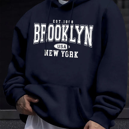 Men's autumn and winter casual fashion loose Brooklyn New York letter printed long sleeved hooded sweatshirt warm pullover