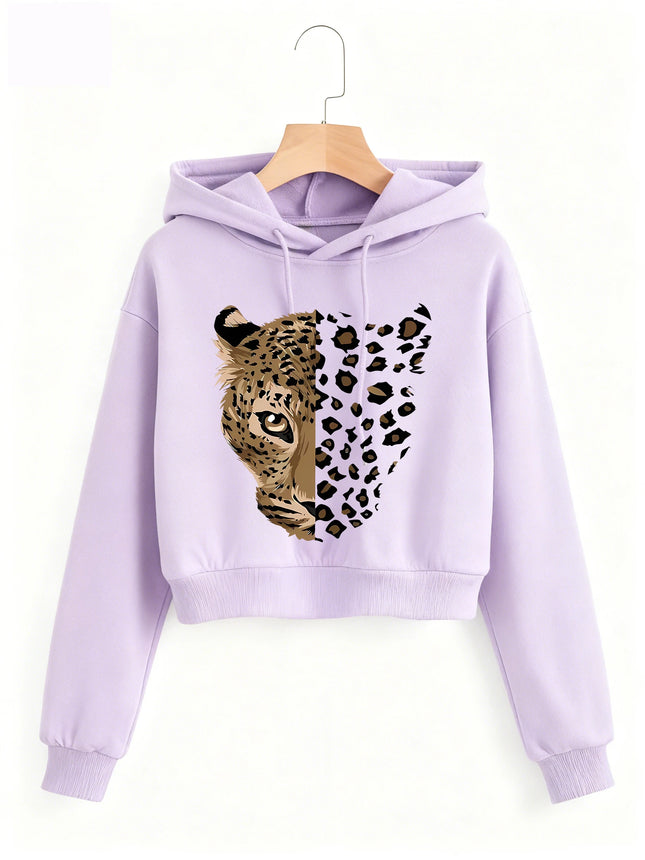 Fashion Leopard Tiger Print Autumn Winter Cropped Sweatshirt Crop Top Hoodie Y2k Sweatshirts Gothic Casual Style Clothes