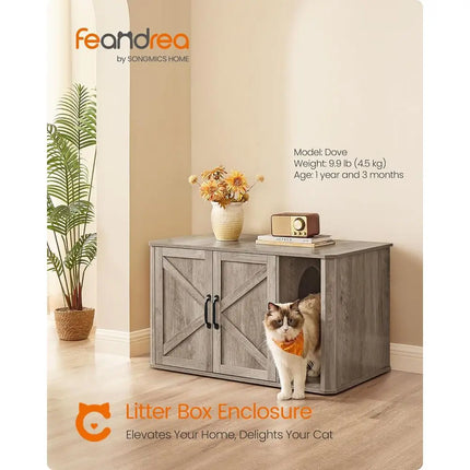 Hidden Cat Litter Box Enclosure with Front Entry, Double Doors, Handles, and Side Table, 33.5 x 19 x 19.5 Inches, Heather Grey