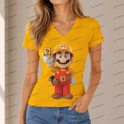 Cuteore XS-5XL Women's New Party Super Mario Women T-shirt Female Clothing V Neck Harajuku Style Summer High Quality Fashion