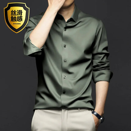 6XL Mens dress black shirts long-sleeved Office Wear Oversize wrinkle-proof non-ironed solid color business casual ice silk