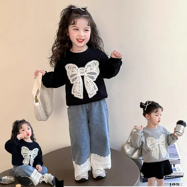 Toddler Baby Girl Big Lace Bow Sweatshirt Casual Infant Cotton Loose Dot Pullover Children Round Neck Long Sleeve Top Clothes