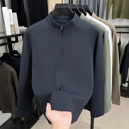 Luxury Brand Men's Long-Sleeved T-Shirt Mock Neck Half-Zip Letter Embroidery Personality Retro Spring Tops Trend Hot Men's Clothing