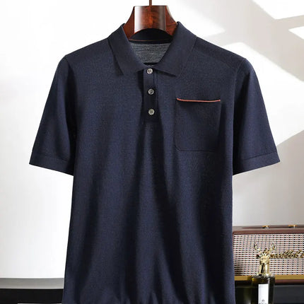 Spring and Summer New Polo Collar 100% Fine Wool Short Sleeve Men's Business Casual T-Shirt with Turn-down Collar and Pocket