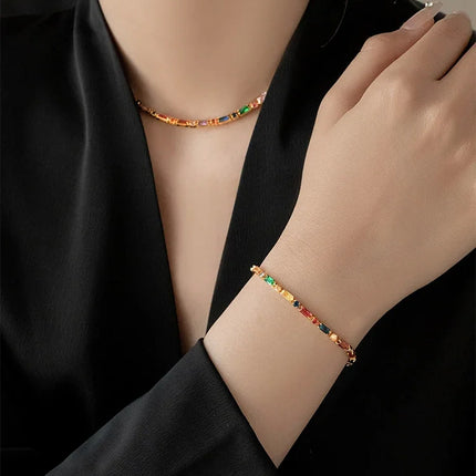 2024 Luxury Design Colorful Zircon Chain Necklace Bracelet Jewelry Sets Korean Fashion Accessories Exquisite Gift for Womens