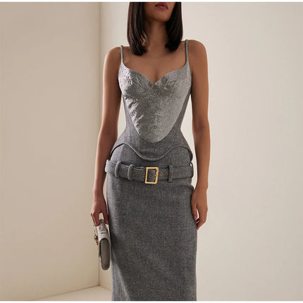 Elegant Sequin Patchwork Sling Top Lady Sleeveless Off-shoulder Waist Cinching Slim Short Blouse 2026 New Women Club Street Tops