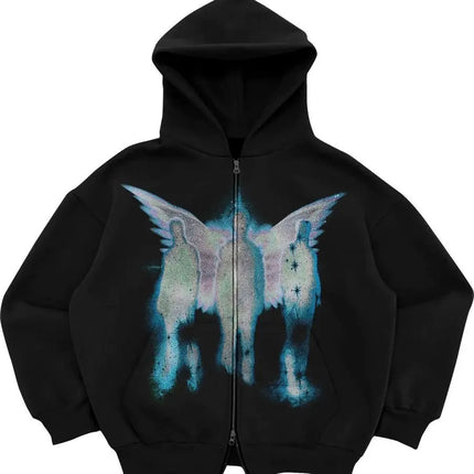 Street sports zipper printed cardigan 2024 new street trend hooded sweatshirt fashion men's Y2K loose retro pocket sweatshirt