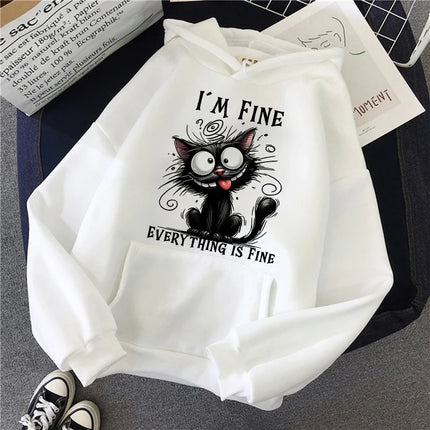 Women's Vintage Y2k Sweatshirts Casual Hooded Clothes Kawaii Pullovers I'm Fine Everything Is Fine Sarcastic Cat Printed Hoodies