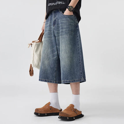 Men's Non-Elastic Denim Seven-Five Shorts Loose Wide Leg Fit Versatile Simple Style Casual Shorts