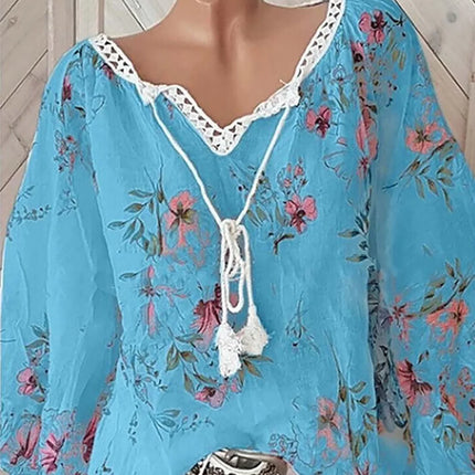 2026 Europe and the United States spring and summer new women's top V-neck splicing print large size long-sleeved shirt women