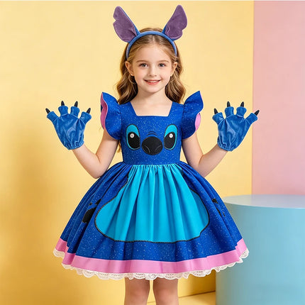 Stitch Character Cosplay Dress for Kids Girls Lilo & Stitch Blue Sparkly Dress with 3D Ears for Halloween Birthday Party