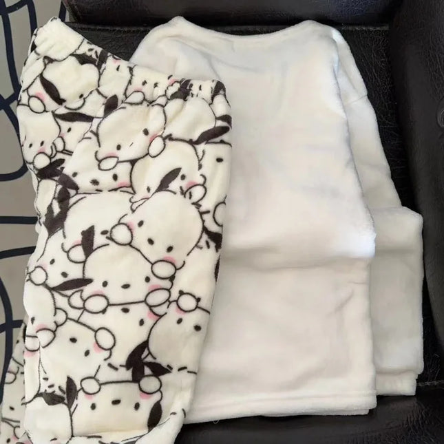New Sanrio kawaii anime hello kitty cute cartoon girls winter flannel plus velvet thickened pajamas home clothes set gift