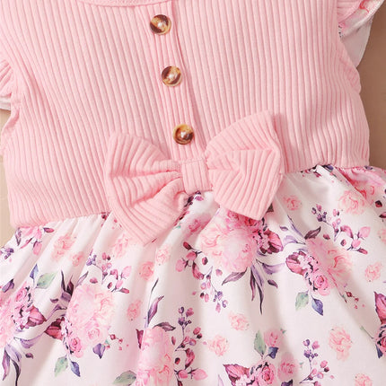 0-18 Months Baby Girl Floral Romper Dress Fly Sleeve Summer Ribbed Jumpsuit with Headband Newborn Baby Girl 2PCS Outfit