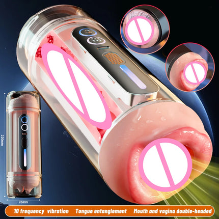 Blowjob Pocket Pussy Automatic Male Masturbator Mouth Vagina Double-Headed Penetration Channel Vibrating Moaning Sex Toy