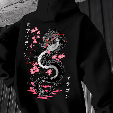 Autumn Winter Viral Korean Streetwear Double Sided Japanese Dragon Sakura Print Hoodie Y2K Eboy Oversized Long Sleeve Pullover