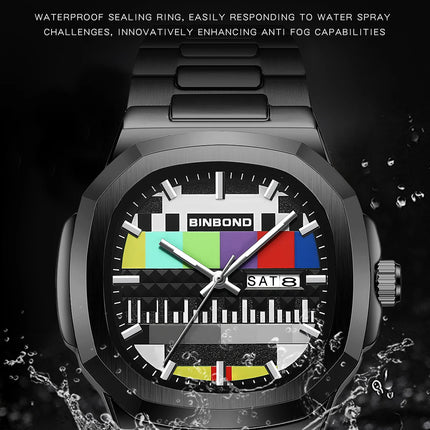 BINBOND Creative TV Dial Men's Watches New Fashion Original Retro Design Luminous Quartz Wristwatch For Men With Calendar Week