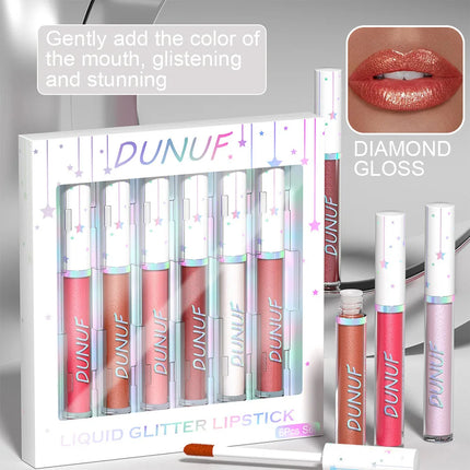 DUNUF 6 pcs set pearlescent metallic color long lasting lip gloss waterproof sweatproof non-stick lipstick