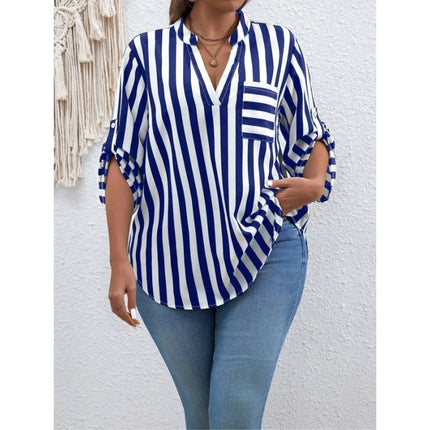Plus Size 1XL-5XL Women's Fashion Striped Printed Short Sleeve Shirt Ladies Casual  Lapel Shirt Loose And Elegant Button Shirt