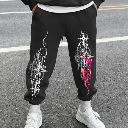 Vintage Contrast Cross Tribal Print Khaki Jogger Pants Men Elastic Cuff Drawstring Tapered Gothic Daily Street Sweatpants
