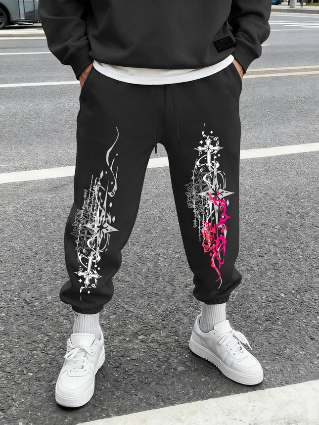 Vintage Contrast Cross Tribal Print Khaki Jogger Pants Men Elastic Cuff Drawstring Tapered Gothic Daily Street Sweatpants