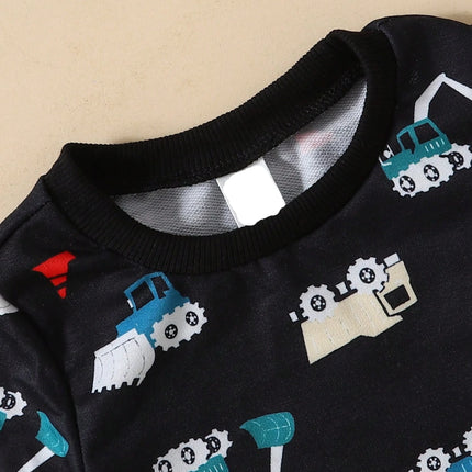 Baby autumn cartoon style two-piece set with engineering car printing and velvet hoodie pants for casual occasions